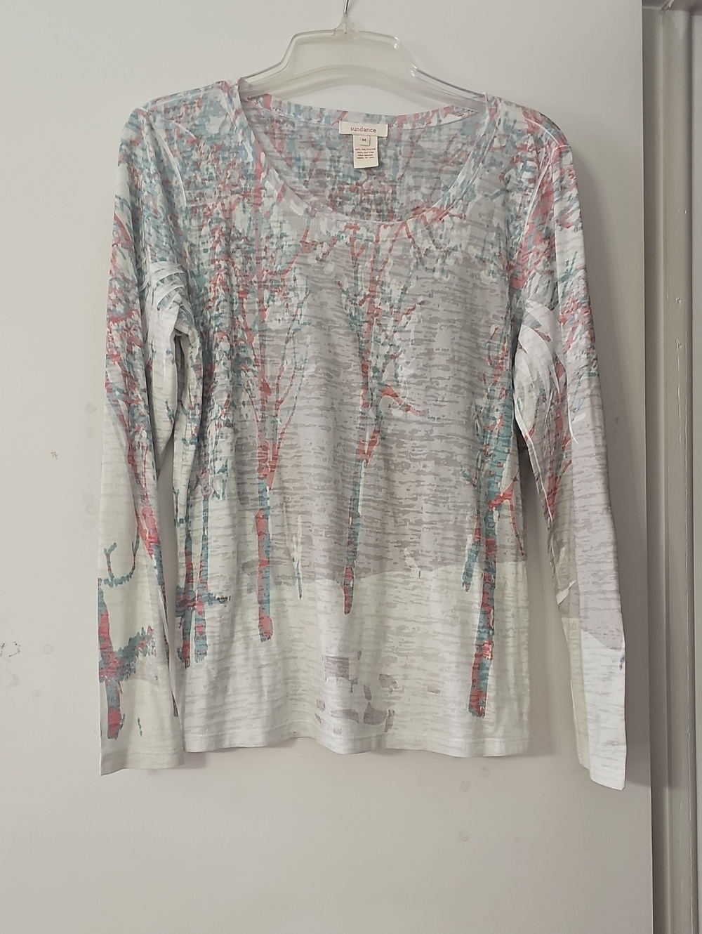 Sundance Long-Sleeve Tree Print Tee in Light Gray, Coral & Teal